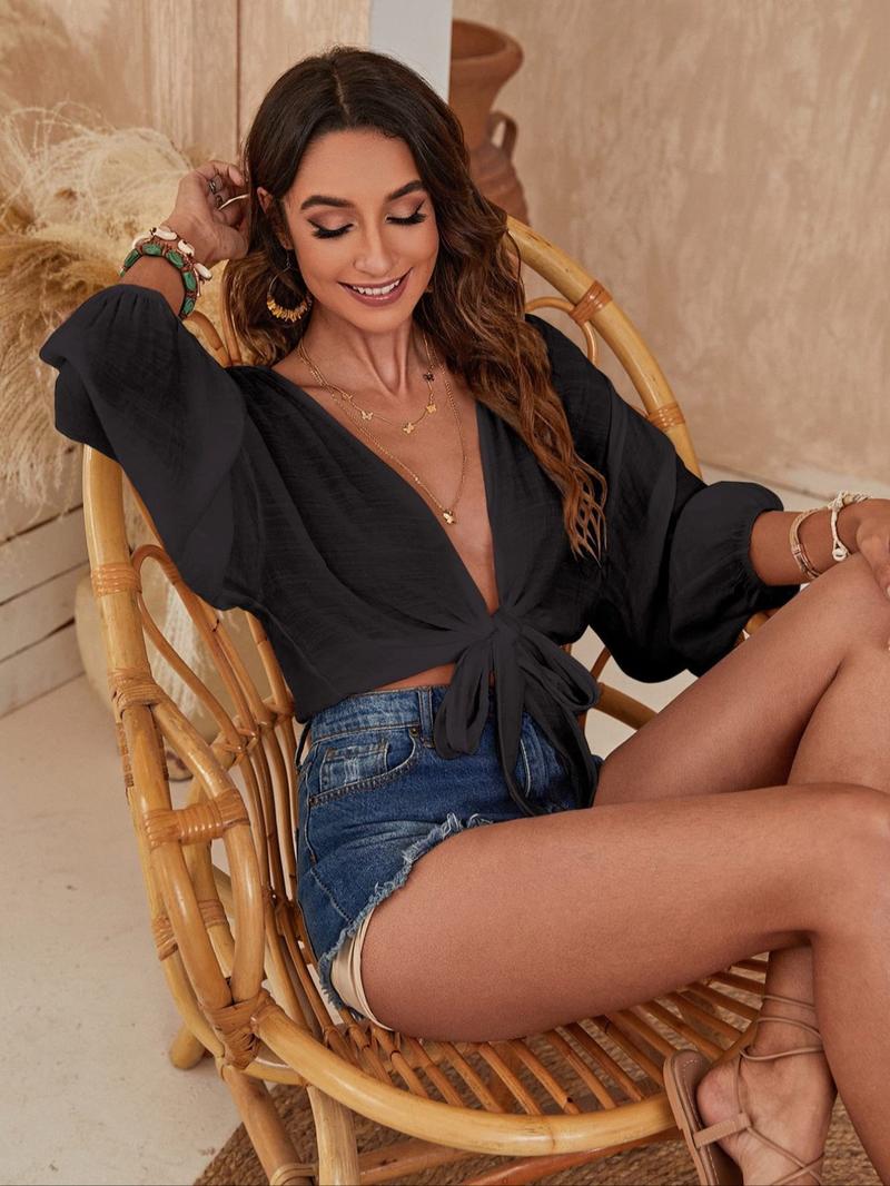 Women's Solid Color Cover Up Top, Casual Fashion Top for Beach Holiday Vacation, Ladies Clothes for All Seasons