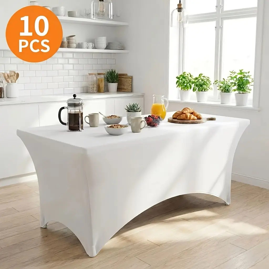 WHONLINE 10-Pack 8FT (96 X 30 Inches) Spandex Fitted Rectangular Tablecloth, White/Black Stretch Table Cover for Dining Kitchen Tables, Washable Wrinkle-Resistant Table Protector with Reinforced Foot Pockets