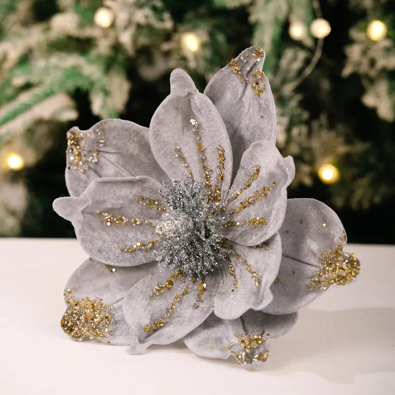 Artificial Velvet Christmas Poinsettia Magnolia Flower with Glitter and Sparkling Center, Flexible Stem Ornament for Xmas Tree Wreath Garland Bouquet Table Centerpiece, Home Hotel Wedding Party New Year Decor, Winter Essential flexible stem