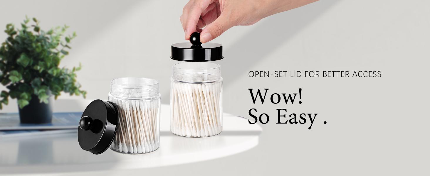 Apothecary Jars Bathroom Vanity Storage Organizer Set -Countertop Canister Plastic Acrylic Jar - Farmhouse Decor Qtip Holder for Cotton Swabs,Makeup Sponges,Flossers,Paper Clips -Black(2)