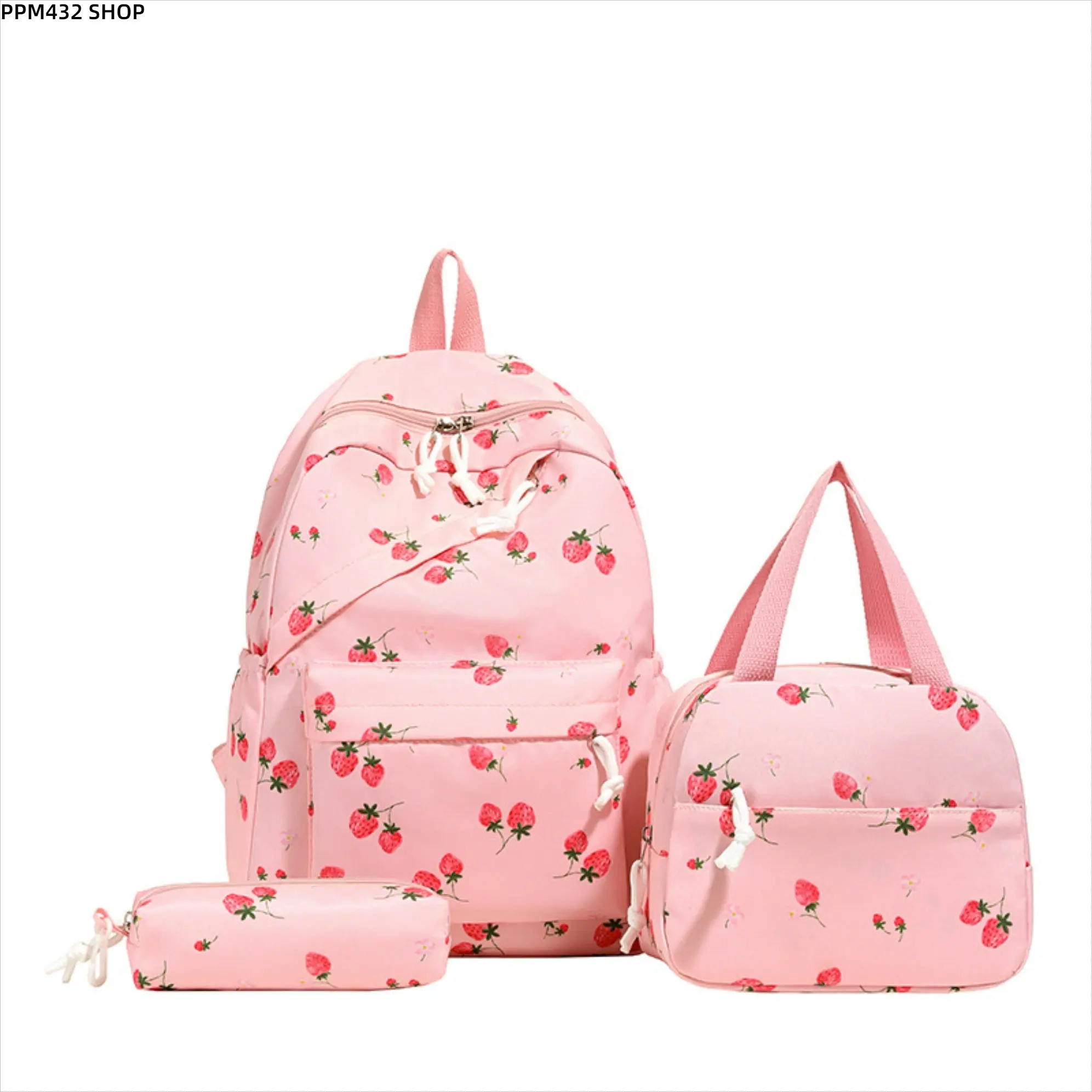 3 Piece Cherry Print Backpack Set for Girls Cute Fruit Pattern Backpack with Mini Handbag Pencil Pouch Lightweight Large Capacity School Bag Aesthetic Japanese Style Daypack for Students Daily Travel