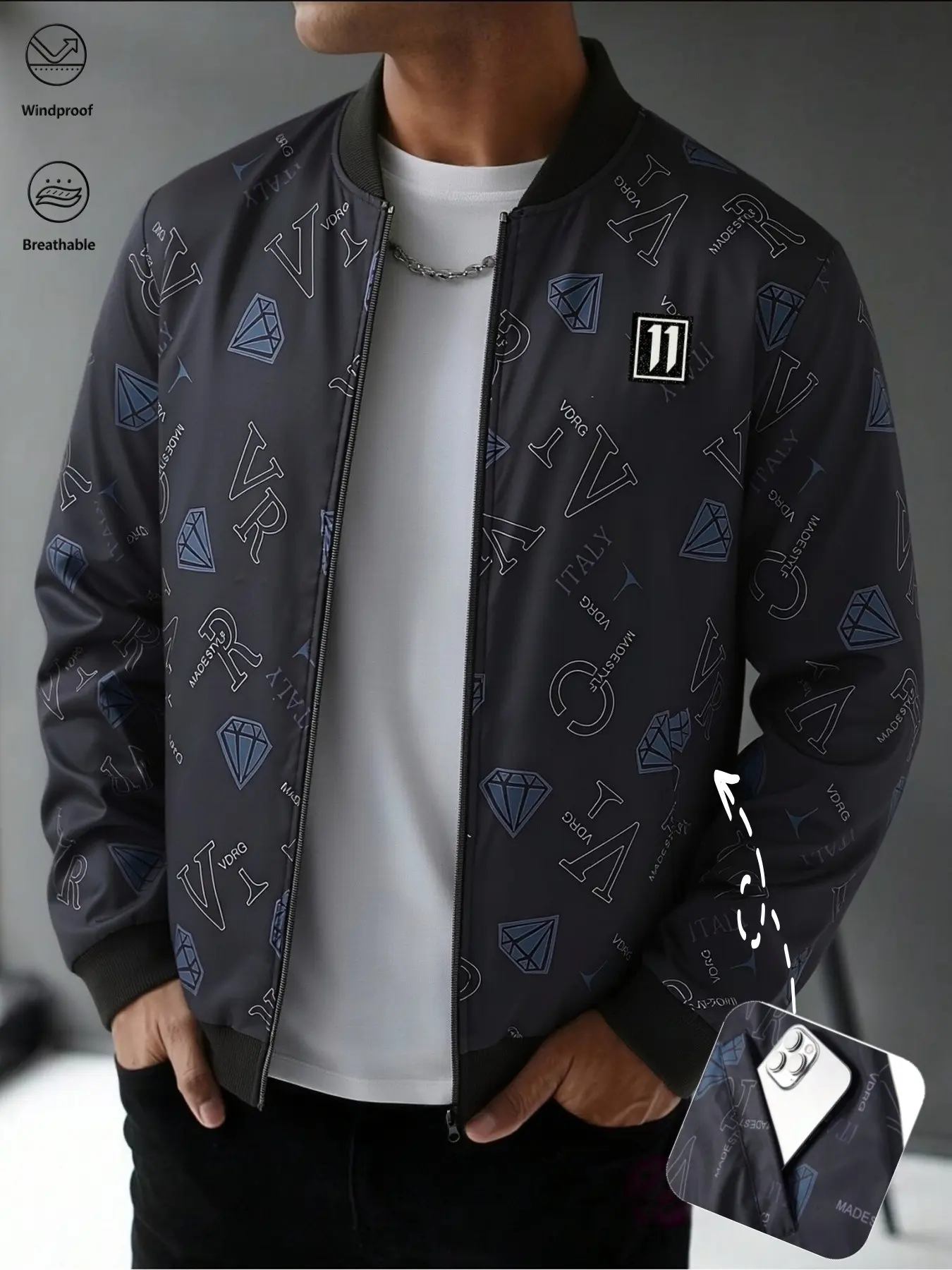 Men's Diamond Print Pilot Jacket, Wind-Resistant Zipper Baseball Coat, Casual Long Sleeve Jacket for All Seasons, Lightweight Streetwear Outerwear