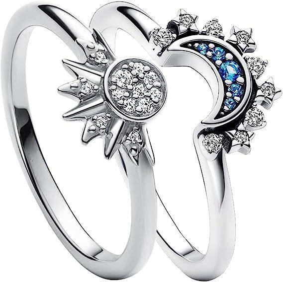 European American Simple Shiny Sun Moon Blue Inlaid Crystal Celestial Couple Stackable Ring Set