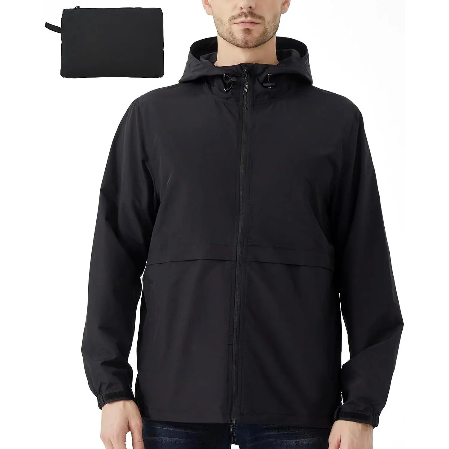Men's Lightweight Jacket Windbreaker Packable Hooded Raincoat for Hiking Outdoor with Zippered Pocket