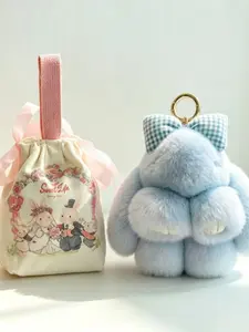 Cute Plush Bunny Keychain with Ribbon, Soft Fuzzy Rabbit Key Holder, Car Key Chain, Bag Charm, Includes Canvas Gift Bag