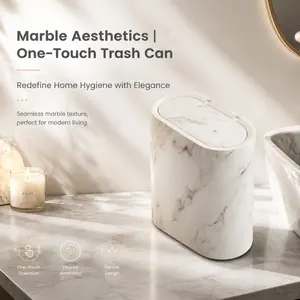 Marble Aesthetics One-Touch Trash Can, Seamless Marble Texture, Narrow Design, Elegant Home Hygiene Solution, for Bathroom, Bedroom & Office Use, Ideal for Modern Living