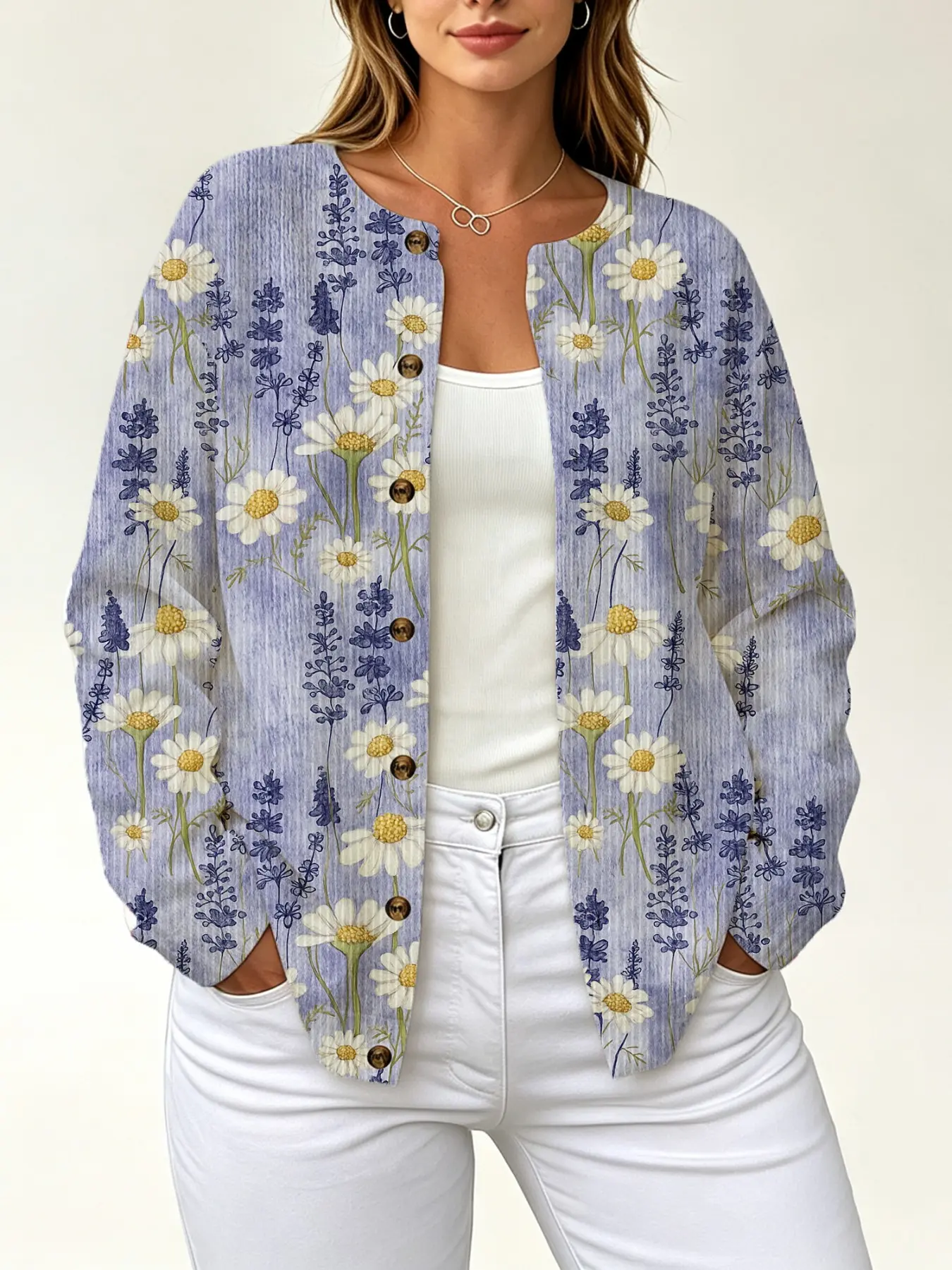 Women's New Fall Winter Watercolor Lavender Daisy All over Print Knit Cardigan, Loose-Fitting Long Sleeve Top, Casual Layering Sweater