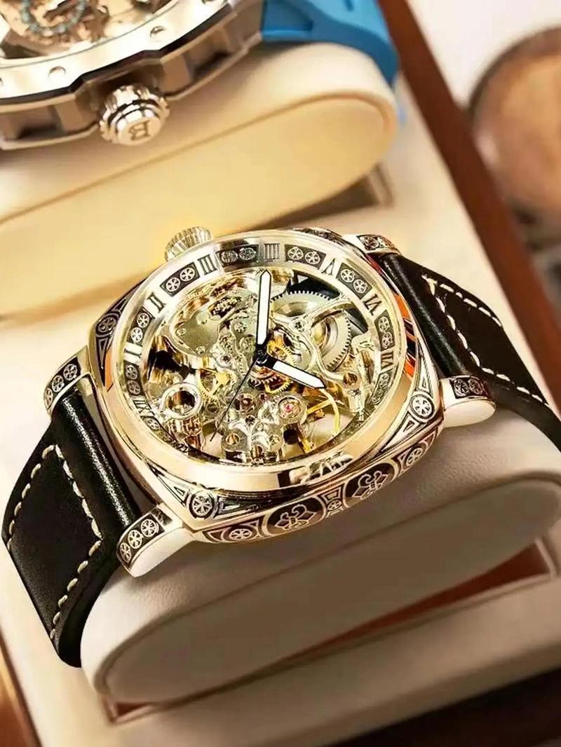 Business Fashion Round Dial Leather Strap Analog Mechanical Watch, Vintage All-match Buckle Automatic Wristwatch for Gift, Luminous Spring Pointer Design Watch with Box, Skeleton Watches, National Day Offers