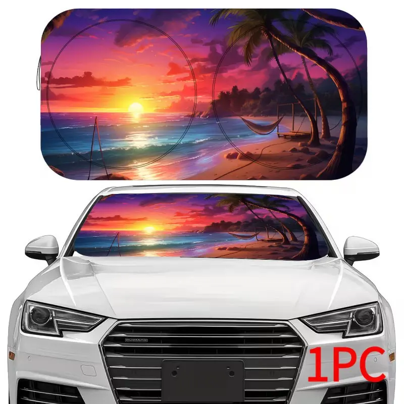 Tropical Beach Sunset Palm Tree Car Sunshade, Sunshade for Car Windshield, UV Protection, Foldable, Cool Vehicle, Fun Car Accessory, Fits Sedan, Suv, Off-Road