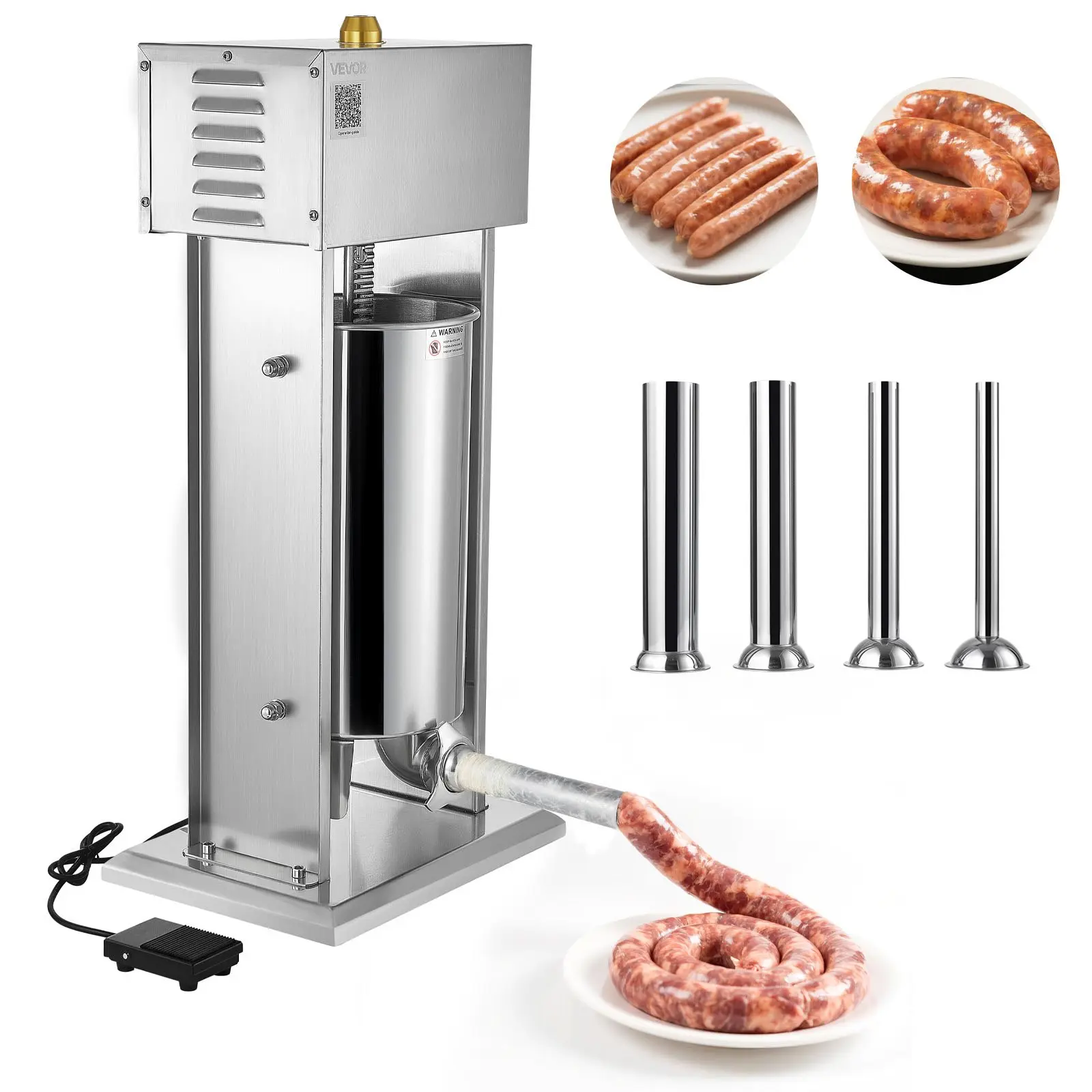 Electric Sausage Stuffer, 33 LBS/ 15 L Vertical Meat Stuffer, Stepless Speed Control and Foot Pedal, Stainless Steel Heavy Duty Sausage Filler with 4 Stuffing Tubes, for Commercial Home Use