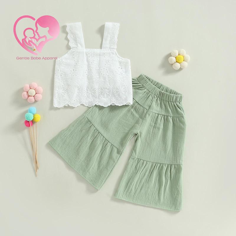 (65% Cotton) GBA Baby Baby Girls Summer Outfit Solid Color Sleeveless Lace Tank Tops and Elastic Casual Wide Leg Pants Set