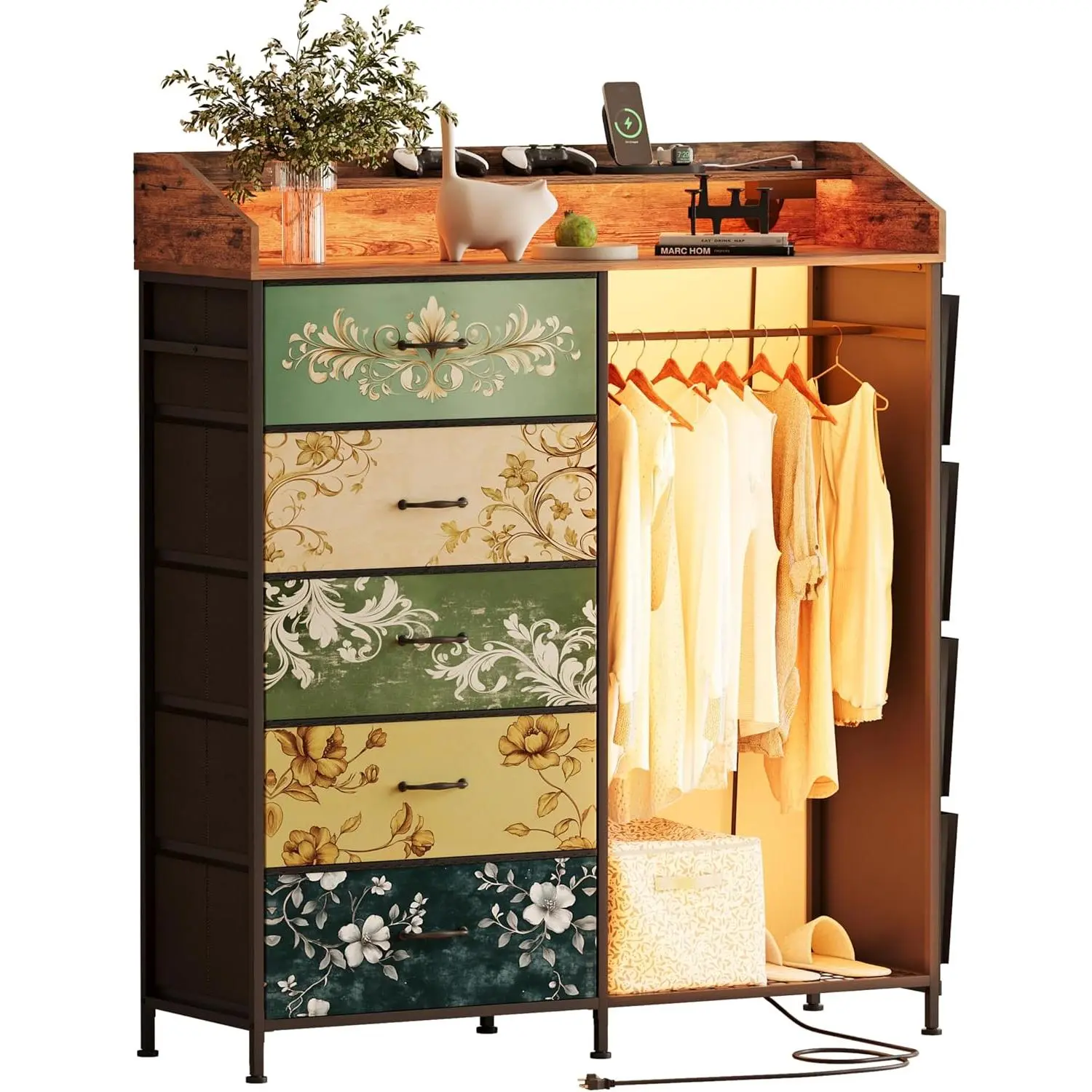 Dresser with  Rack,5 Fabric Drawers & Side Pocket for Bedroom | 2 in 1 Retro 5 Drawers Dresser with LED& station, Dresser with Clothes Rack for Bedroom,Living Room,Entryway,Closets