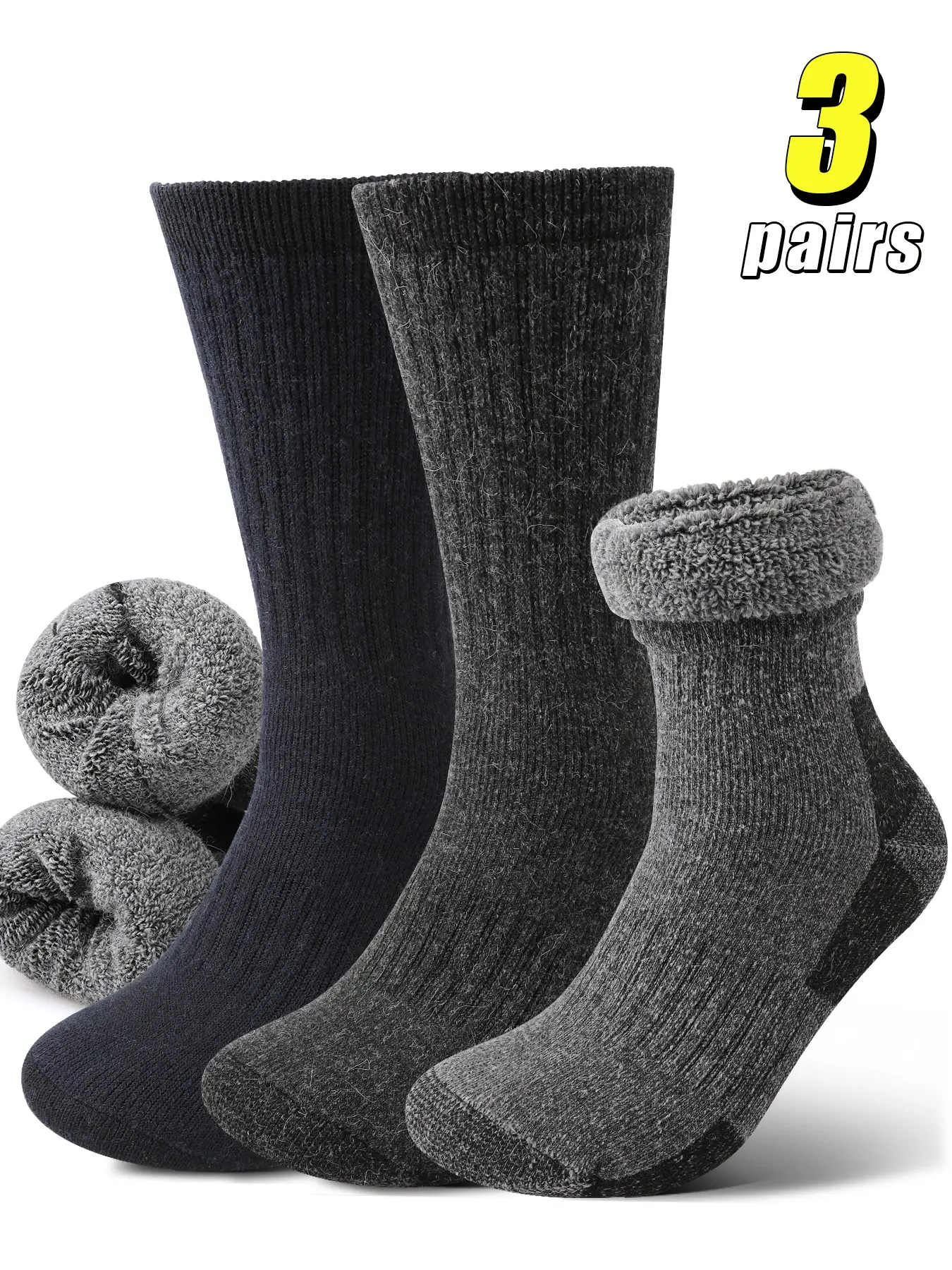 3 Pairs Men's Wool Socks, Winter Thick Warm Hiking Socks, Soft Knit Socks, Durable High Elasticity Mid-Calf Outdoor Sports Socks