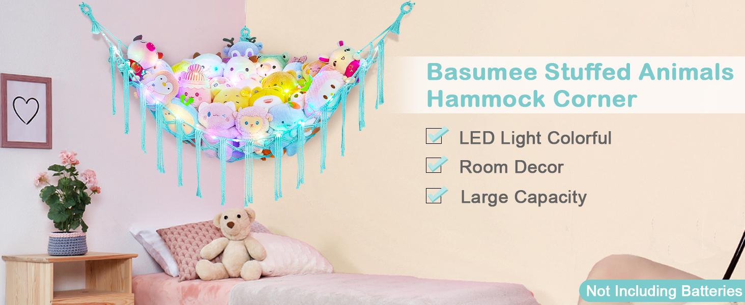 Stuffed Animals Net or Hammock with LED Light, Hanging Stuffed Animals Storage Toy Hammock Net Corner Wall Girls Room Decor Toy Storage Organizer, Purple,