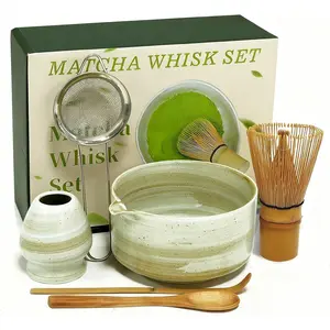 6 Pieces Complete Matcha Whisk Set, Traditional Japanese Matcha Tea Kit with Bamboo Whisk Ceramic Bowl Sifter Scoop Spout Bowl, Tea Accessories for Home