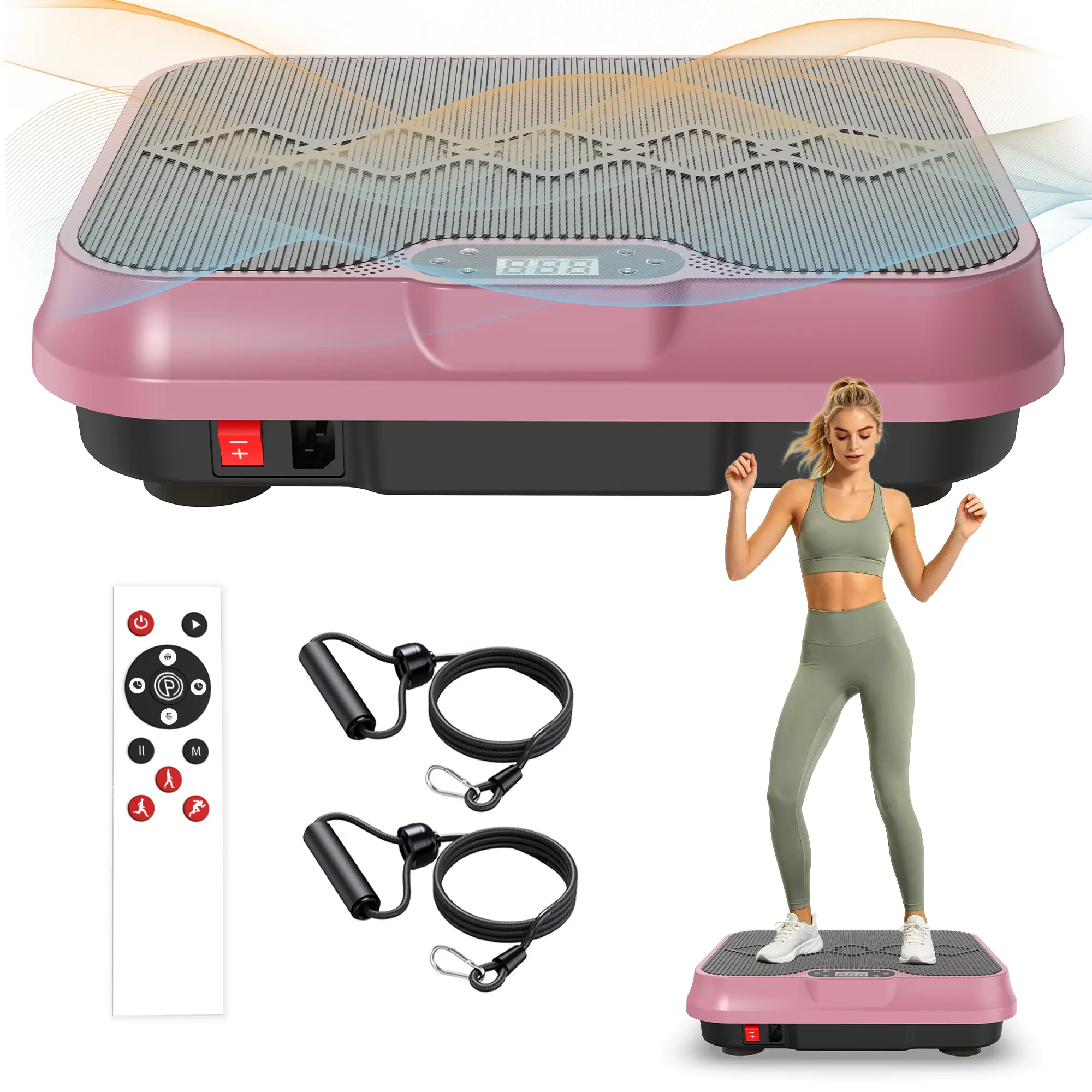 Nokaa Vibration Plate Exercise Machine Whole Body Workout Platform with Remote Control Resistance Bands for Home Gym Office Fitness Rose Red ABS Rubber Steel Compact Quiet Motor Adjustable Speeds LCD Display Anti-Slip