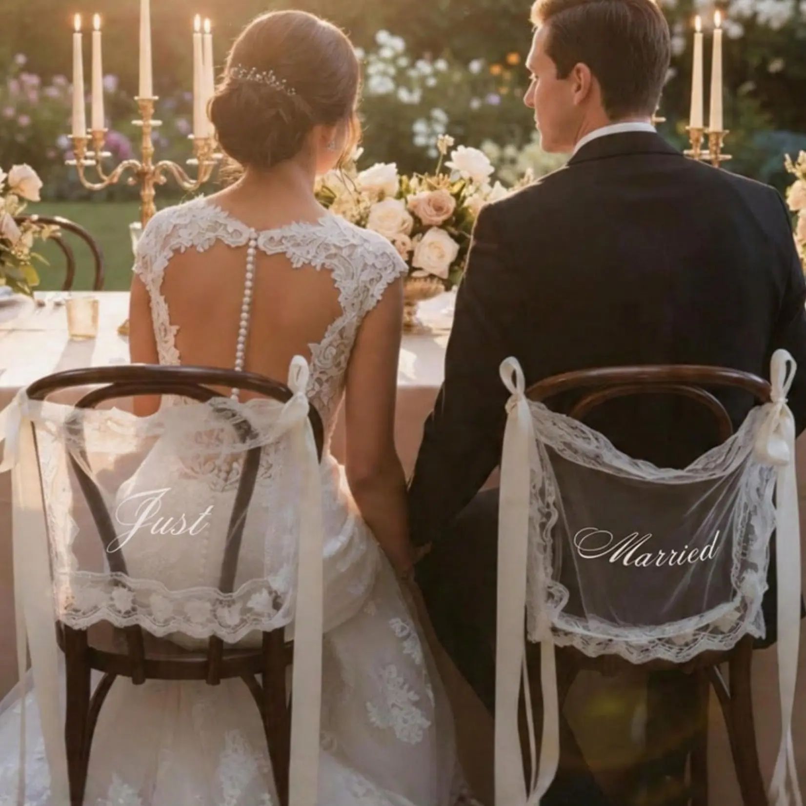 2-Pack Just Married Wedding Chair Signs, Elegant Lace Bride and Groom Decor, Perfect for Weddings, Includes Ribbon for Easy Hanging, Party Accessories
