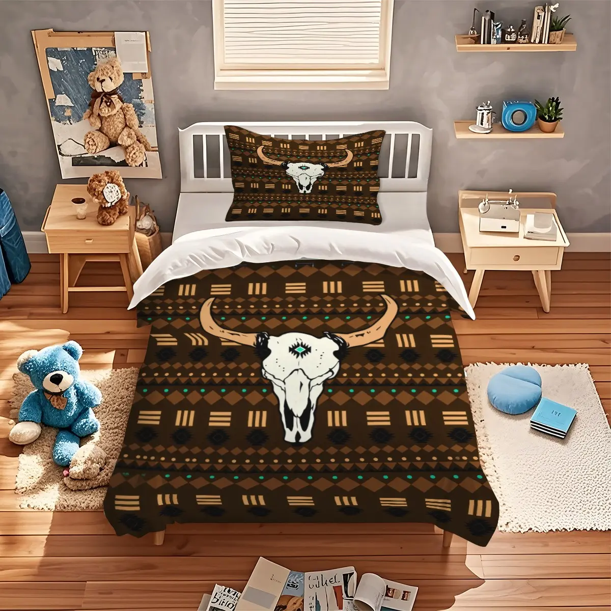 2/3Pcs Western Boho Cow Skull Print Duvet Cover Set, Rustic Tribal Pattern Bedding Set, Soft Breathable Microfiber Material,  1 Duvet Cover with 1 or 2 Pillowcase - No filling,Zipper ClosureUnique ,Suitable for Home Bedroom Decor Kit