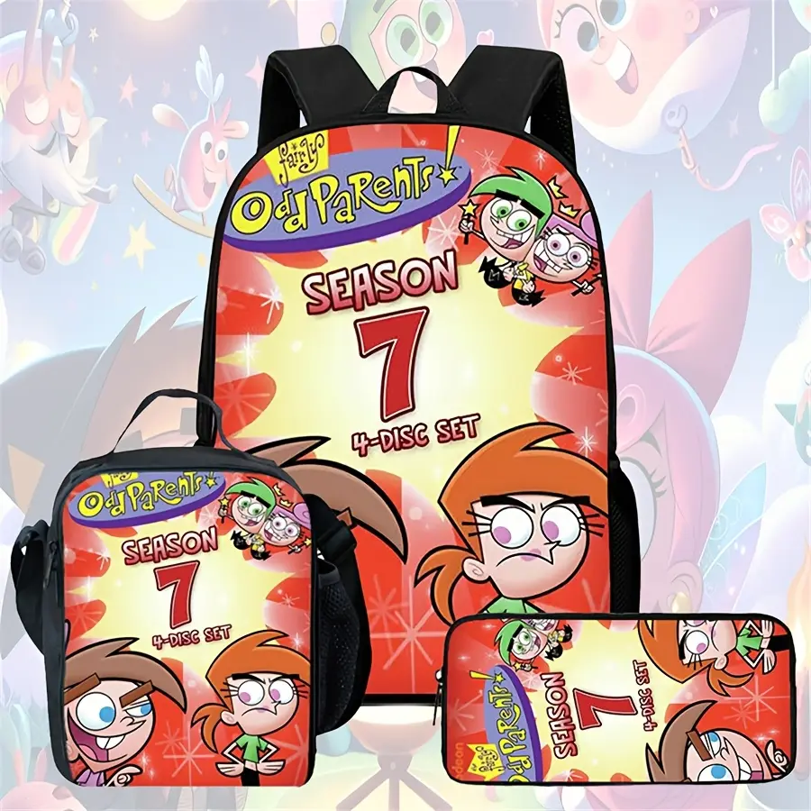 Kids' 3-Piece Oxford Cloth Backpack Set - Fairly OddParents Season 7 Cartoon Print, Lunch Bag, Pencil Case, Breathable Strap Pads, Roomy for School Use, Breathable Pads