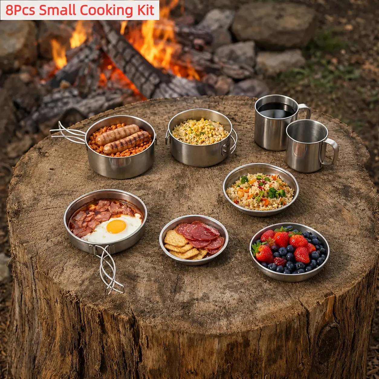 8Pcs Stainless Steel Camping Mess Kit, Portable Compact Stackable Cookware Set with Pots, Frying Pan, Plates & Cups, Lightweight Camp Kitchen Gear for Backpacking, Hiking