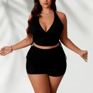 Women's Plus Size Swimsuit Black Halter Neck Cross-Strap Bikini High-Waisted Slimming Shorts Swim Set Women's Side-Tie Sports Yoga Running Outfit Beach Vacation Set