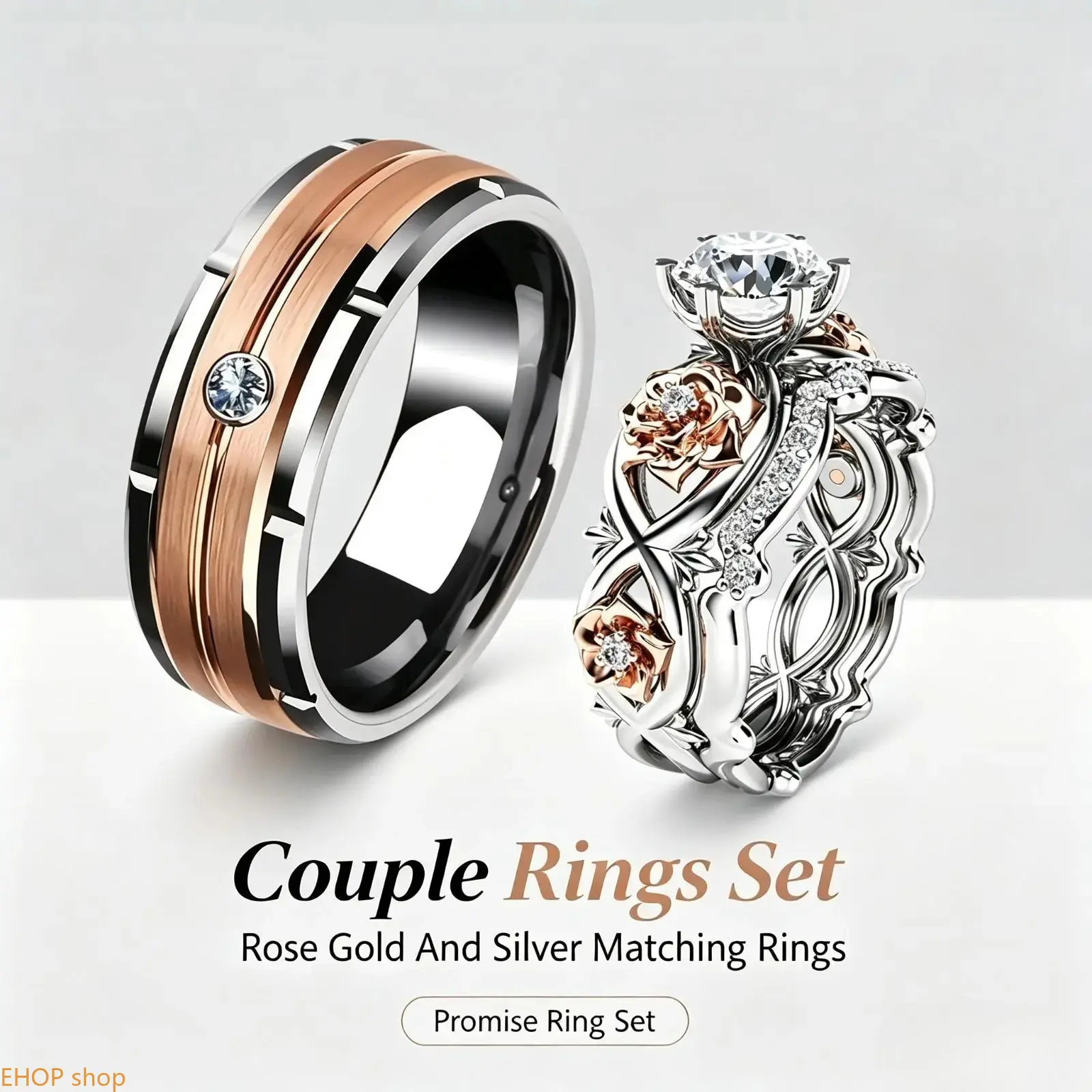 His and Her Couples Ring Sets, Rose Gold Stripes and Rose Design Rhinestones, Engagement Wedding Jewelry, Decorative Matching Accessories for Boyfriends and Girlfriends, Intimate Adult Gifts for Marriage Proposals, Weddings and Romantic Occasion Outfits