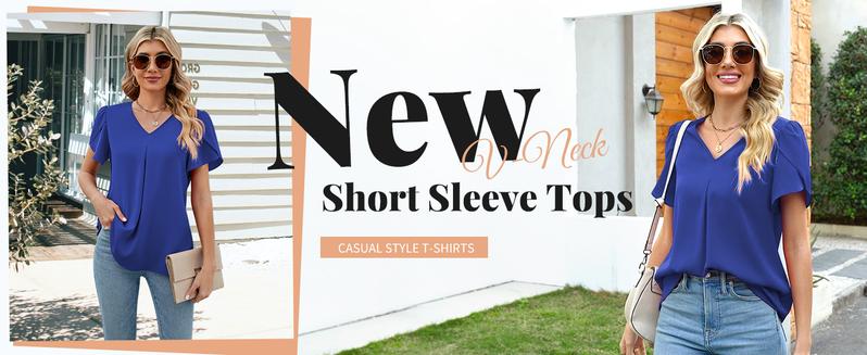 Women's Summer Tops Short Sleeve Dressy Chiffon Blouses V Neck Work Tunic Tops Casual Loose T-Shirts with Pleated Stitched A-Line Design #Springfresh