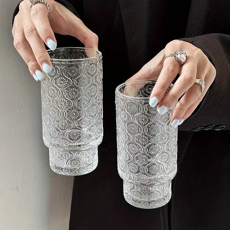350ML Embossed Glass Cup, Stackable Design, Durable & Reusable, Dishwasher Safe, Ideal for Coffee, Juice, Cocktail, Milk, Tea
