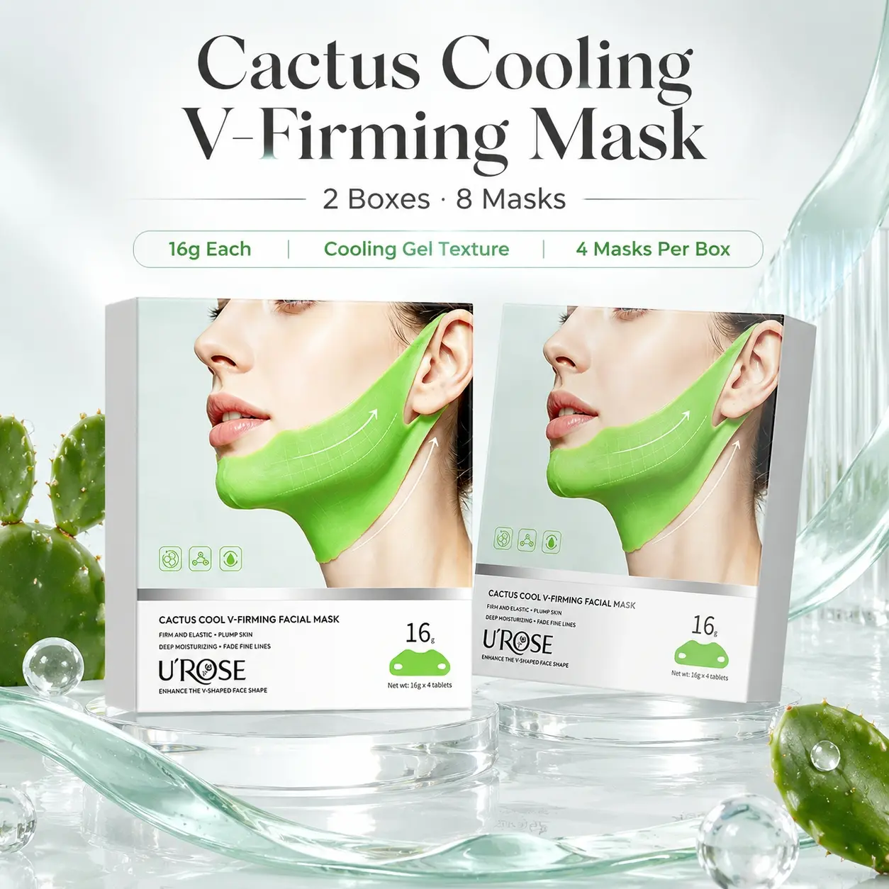U'ROSE Cactus Cooling V-Firming Facial Mask 16g Each, Hydrating Gel V-Shape Chin Mask with Soluble Collagen, Cactus Fruit Extract and 5-Peptide Complex for At-Home Firming Care, 2 Boxes, 8 Masks