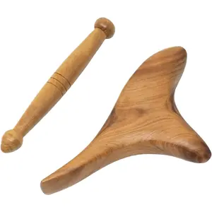 2PCS Reflexology Tools Wood Body Massager Triangle Gua Sha Board Scraping Board Foot Massage Stick Tool Head Neck Hand Waist Calf Leg Foot Massager (Camphor Wood)