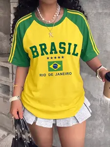 Women's New Brazilian Print Colorblock Casual Fashion Top, Ny Style Letter Print Round Neck T-Shirt, Comfortable & Stylish for Daily Wear
