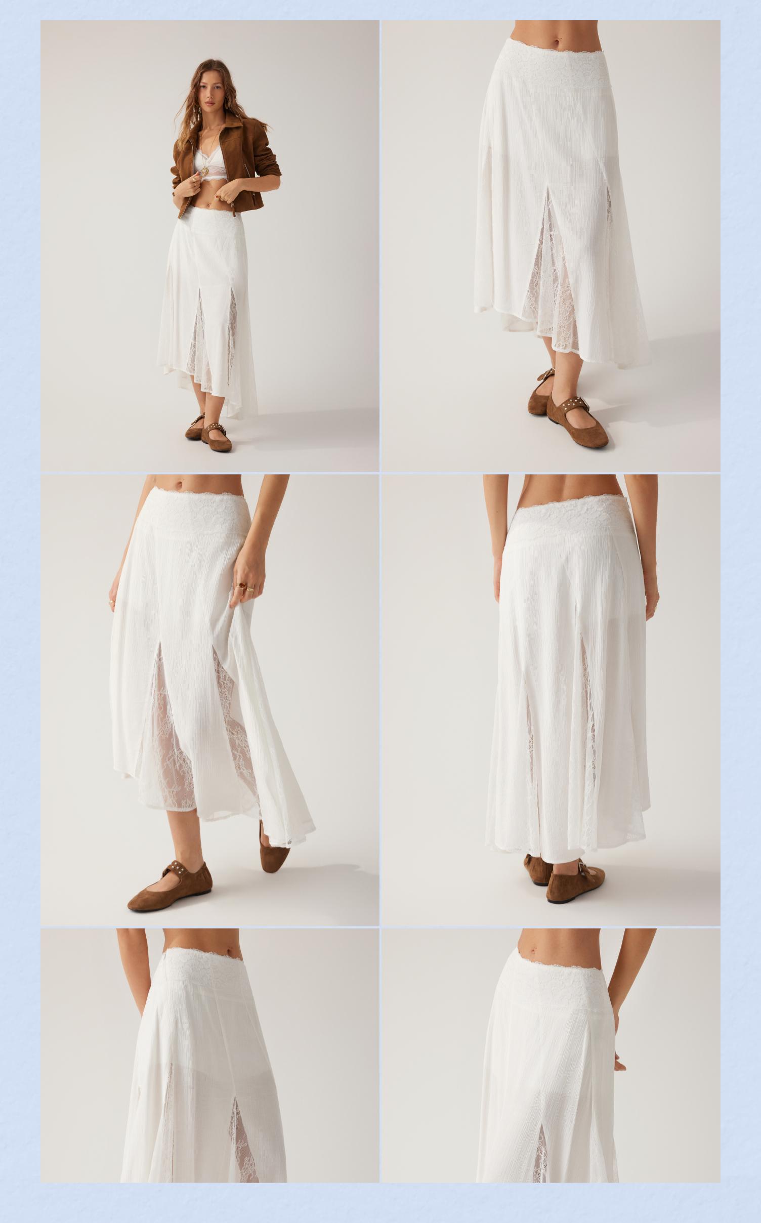 Cider Low Rise Asymmetrical Lace Trim A-line Maxi Skirt