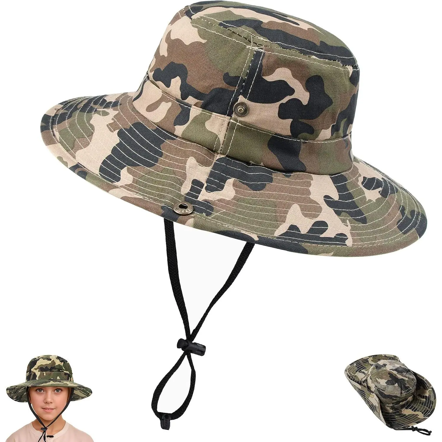 Camo Bucket Hat for Boys Girls  2-14T Army Green | Sun Protection, Quick Dry, Wind Chin Strap, Wide Brim, Convertible Boonie Style, Safari Fishing Beach Sun Hat
