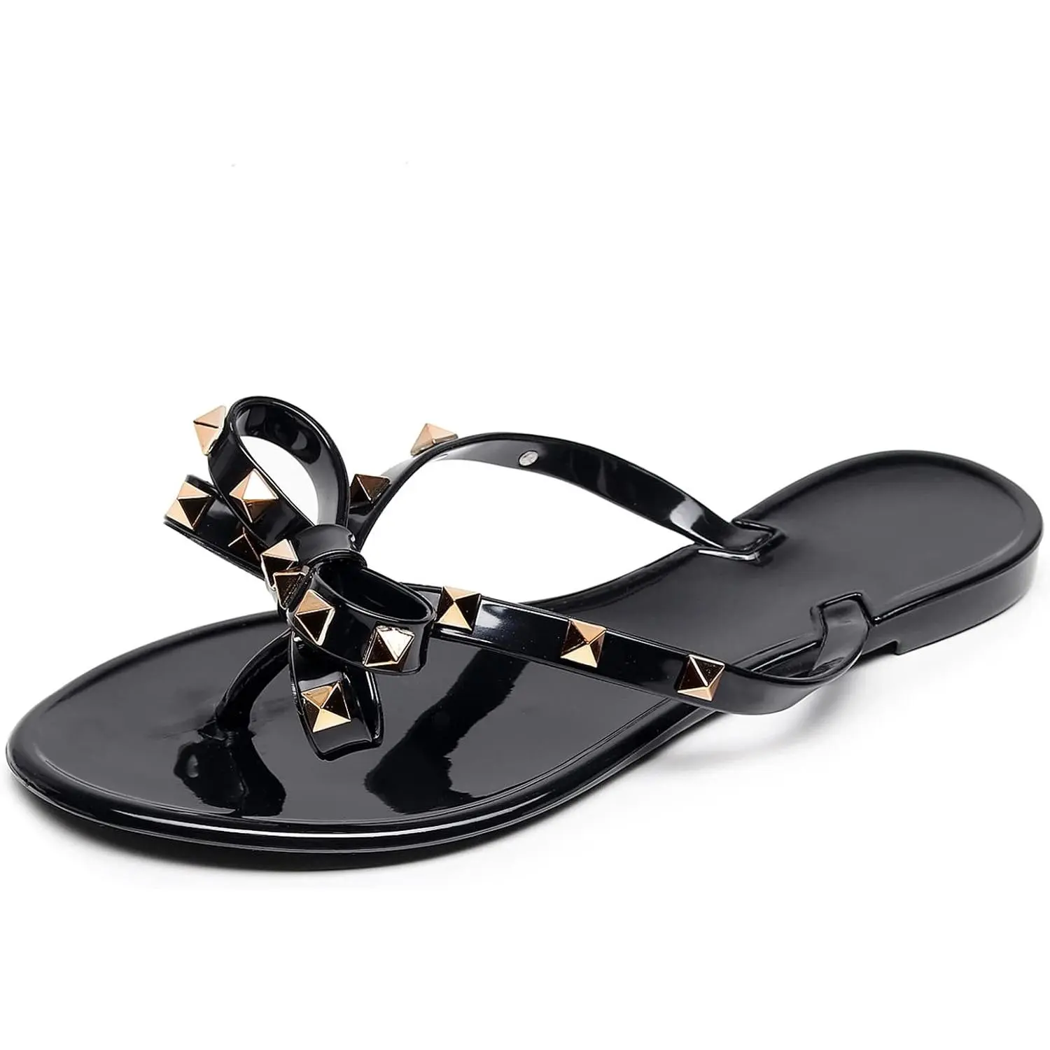 Studded Jelly Shoes for Womens Bow Flip Flops Jellies Sandals Flat Black Summer Beach Thong with Rivets Strappy Slides Slip OnGift.