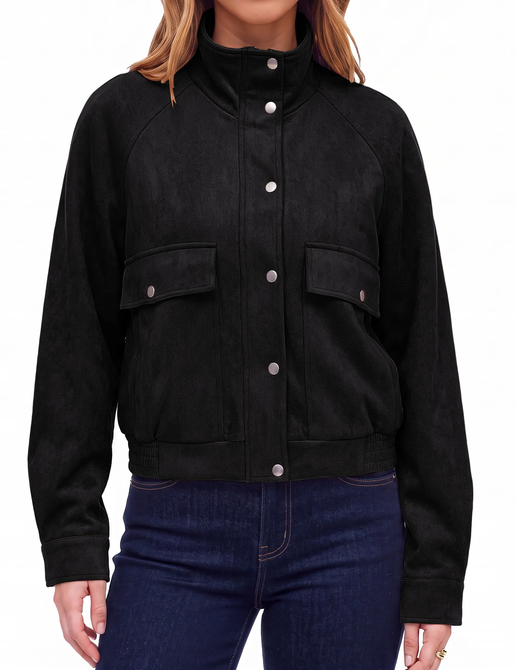 luvamia Women's Soft Faux Suede Aesthetic Bomber Jacket - Stand Collar, Zip-Up, Cropped Shape, Utility Flap Pockets, Wind-Protective, Basic Tops for Everyday Fall Western Outfits