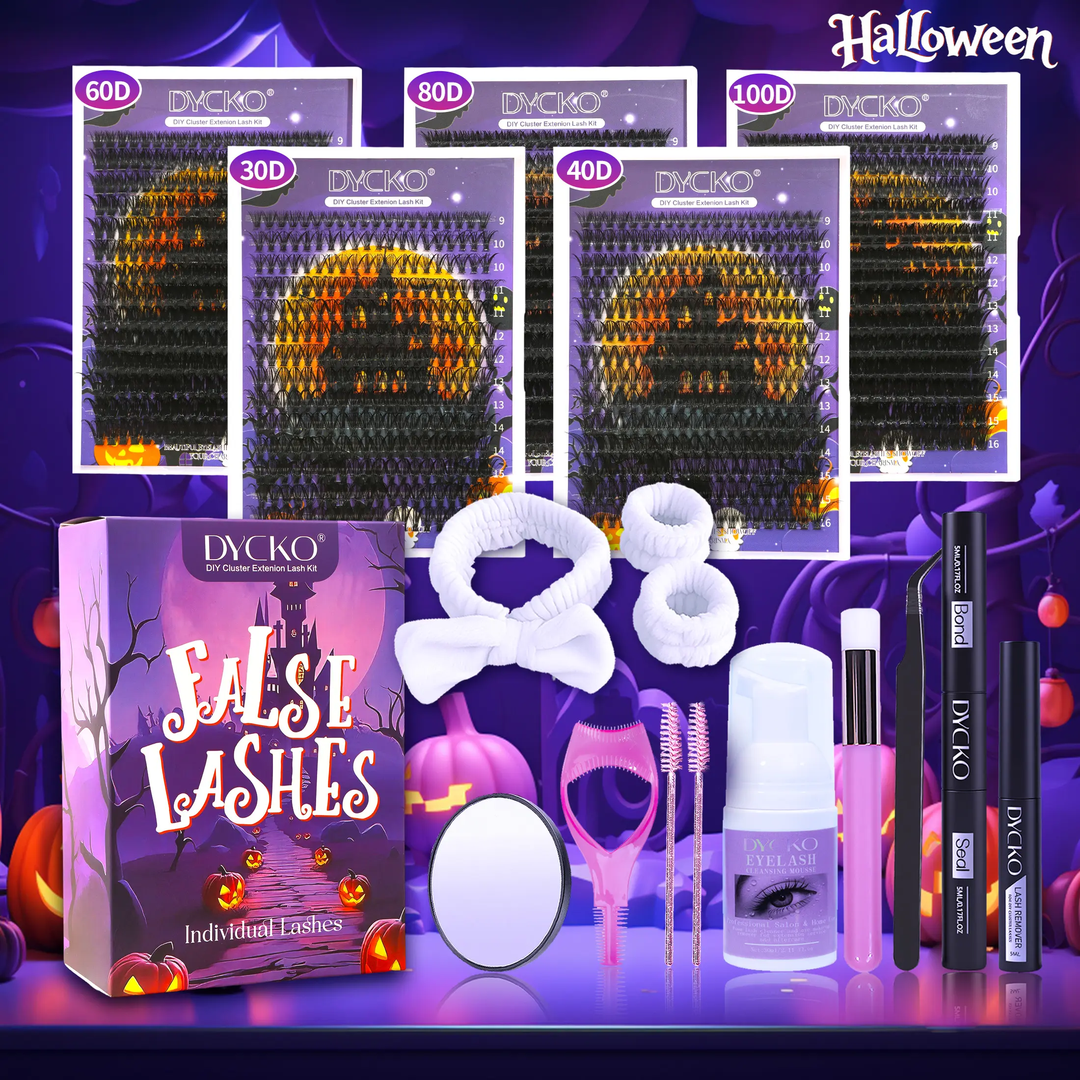 Dycko Halloween  Eyelash Set, 1400 D Curl Lashes, Mixed Thickness, Includes Glue & Tools, Perfect for Parties & Gifts