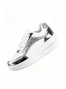 Women's Silver Color Sequined Dad Shoes, Thick Sole Height Increasing Casual Sporty Sneakers, Breathable Anti-Slip Platform Shoes