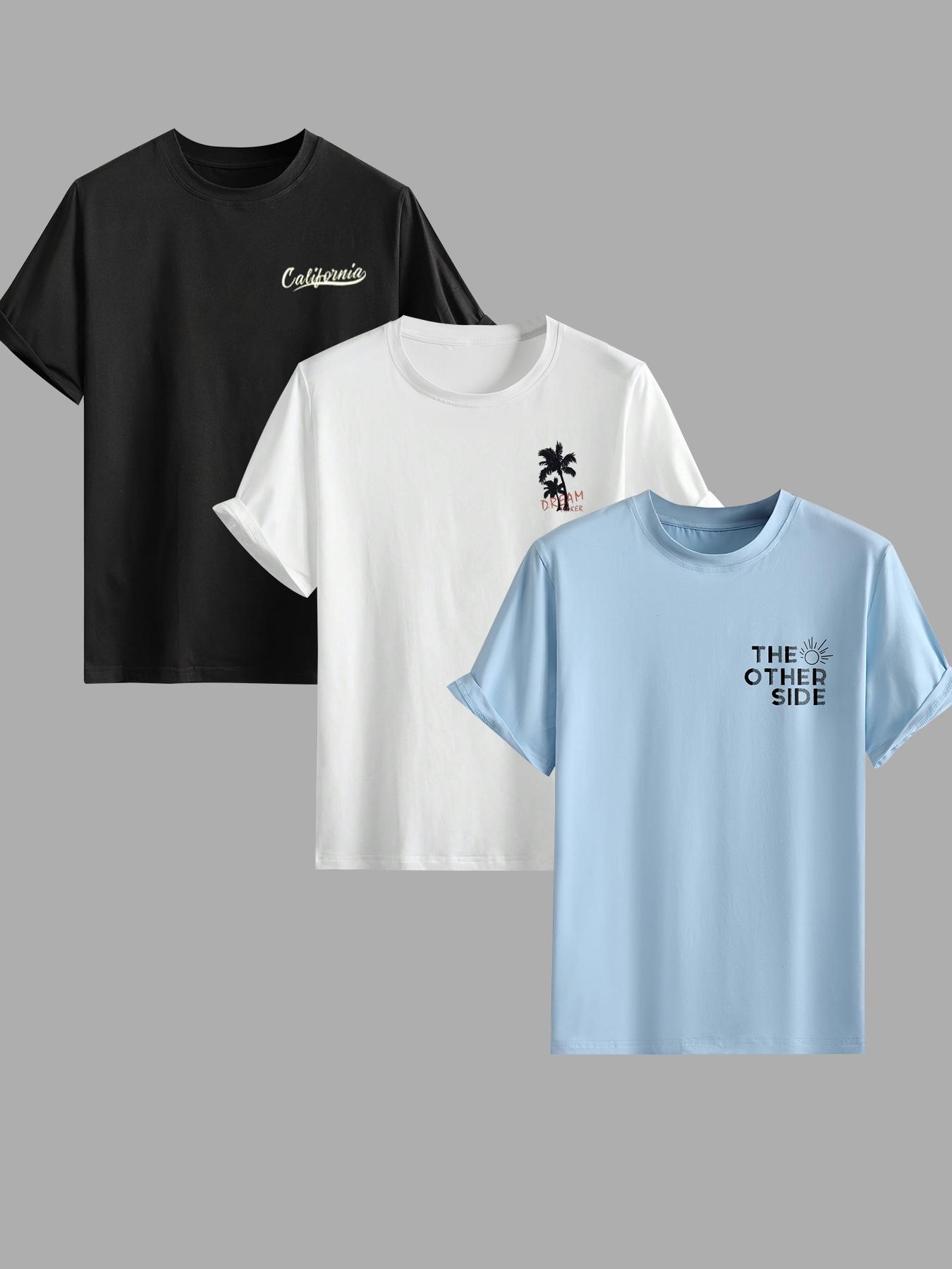 Men's Letter & Coconut Tree Print Round Neck Tee, Regular Fit Casual Short Sleeve T-shirt for Summer, Men's Top for Daily Wear