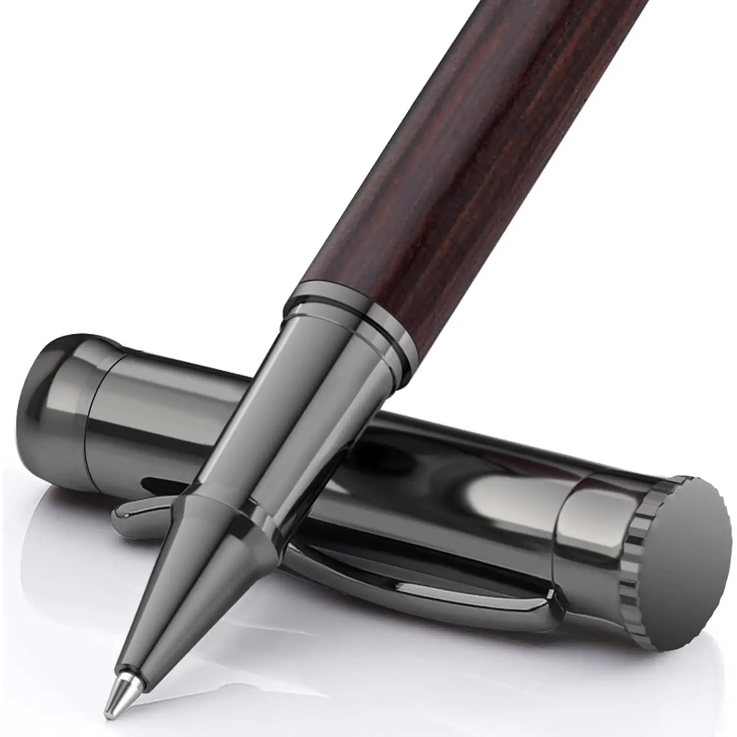 Rollerball Pen Set, Extra 2 Ink Refills(1 Black & 1 Blue), Fancy Writing Pen Nice Luxury Office  for Men, Professional, Executive, Cool Wooden Pen for Journaling - Black Oak