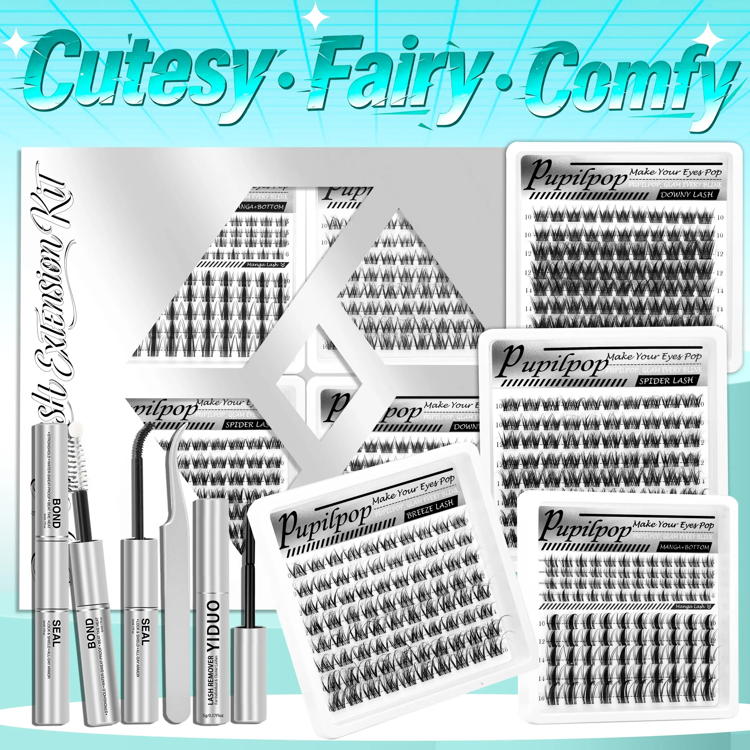 Pupilpop 4-Style Lash Cluster Set | Spider·Breeze·Manga + Bottom/Downy Extensions, 5–16mm D-Curl, Complete Kit with Bond, Seal, Remover & Tweezers – Easy DIY Salon Lashes at Home