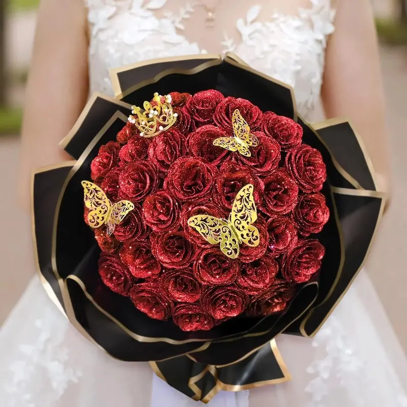 DIY Glitter Flower Bouquet Sets (24/36 Pcs) with 3D Butterflies, Crowns, Ribbons - Decorative Home Decor Ornaments, Ideal Glitter Flower Decoration for Womens Gifts, Wedding Gifts for Women, Bouquet Flowers