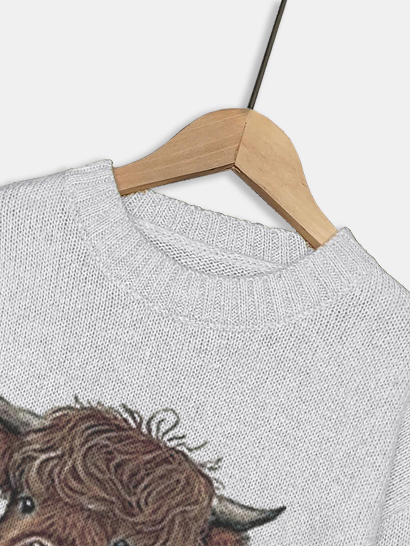 Women's Cartoon Cow Animal Print Round Neck Sweater, Casual Long Sleeve Crew Neck Jumper for Fall & Winter, Fashion Women's Knitwear for Daily Wear, Tops, Womenswear