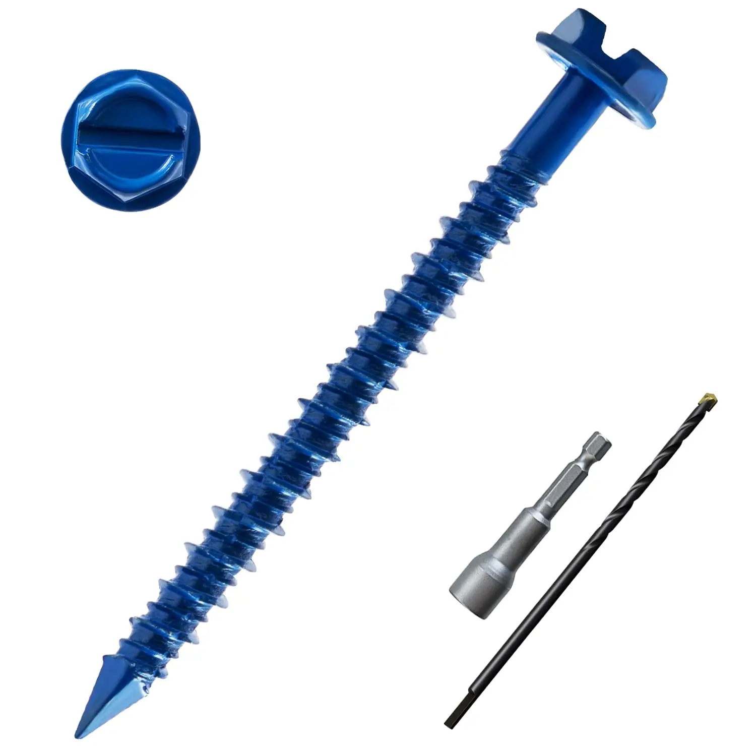 Concrete Screw Anchor, 50-PCS 3/16 Inch x 2-1/4 Inch Hex  Concrete Screws for Block Brick Cement or Masonry,  Tip, Rust Resistant Blue Coated, 1 Hex Socket and 1 Drill Bit