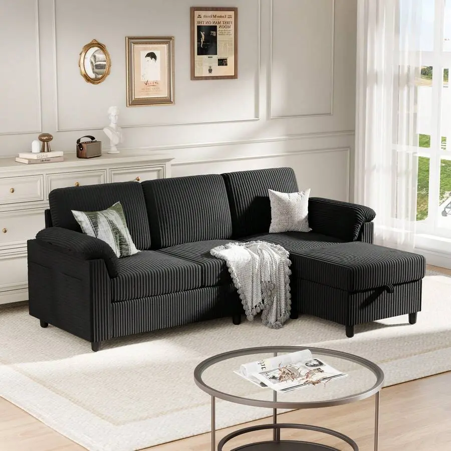Small Modern 3-Seat Reversible Convertible L-Shaped Sectional Sofa - Linen Fabric Comfy Couch with Removable Pillows, Modular Living Space Saving Furniture for Apartments, Indoor Home & Office Use, Three Seats