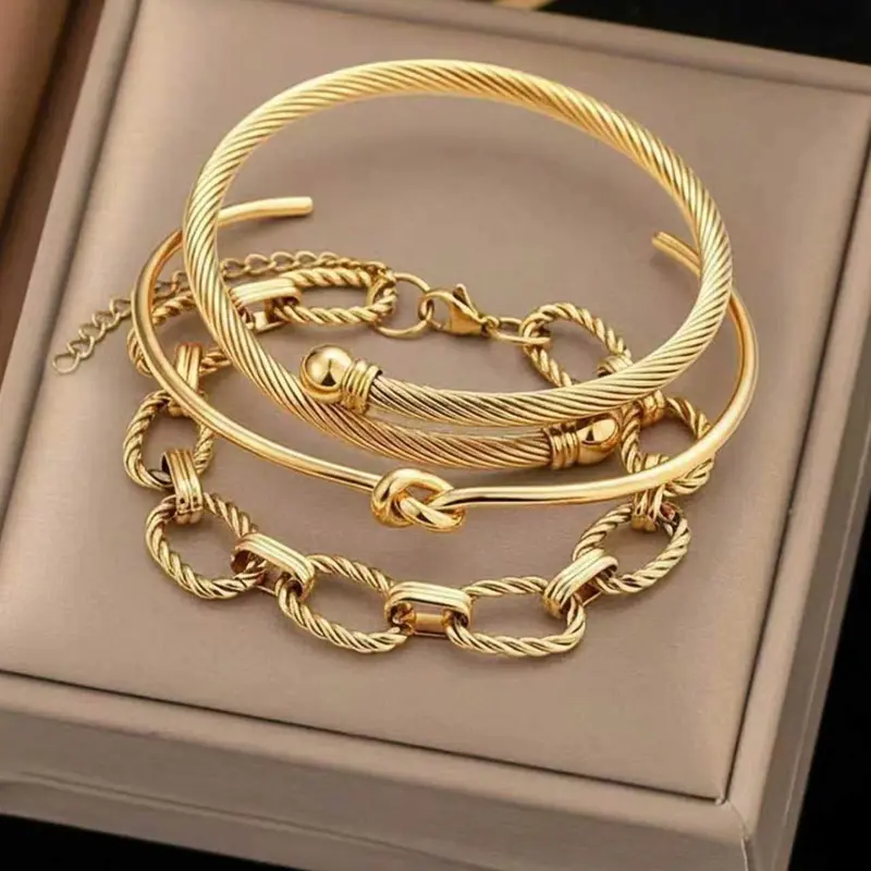 3pcs Stainless Steel Bangle Bracelet Set, Bracelet Jewelry For Women, Adjustable Open Design With Twisted Rope & Chain Elements, Luxury European Style, Trendy Bracelet, Gold Color, Suitable For Daily, Dating, Vacation