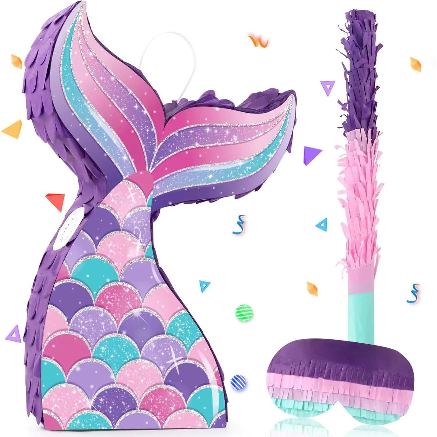 Glitter Mermaid Tail Pinata Set with Stick & Eye Mask, 15.3" x 9.8", Undersea Theme Supplies for Child's Birthday & Baby Shower Party Games & Decorations, Gifts