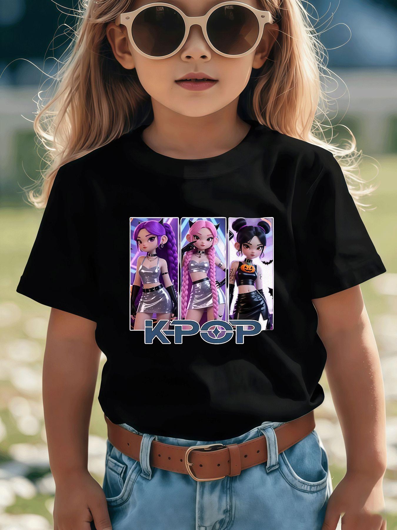 1K-POP Cartoon Girl Group Print, Skin-friendly, Breathable, Trendy and Eye-catching Short-sleeved Top, Perfect for Girls' Idol-chasing and Party Outfits, a Must-have for Black Friday, Valentine's Day, and Other Holidays, Full of Trendy Vibes and Super