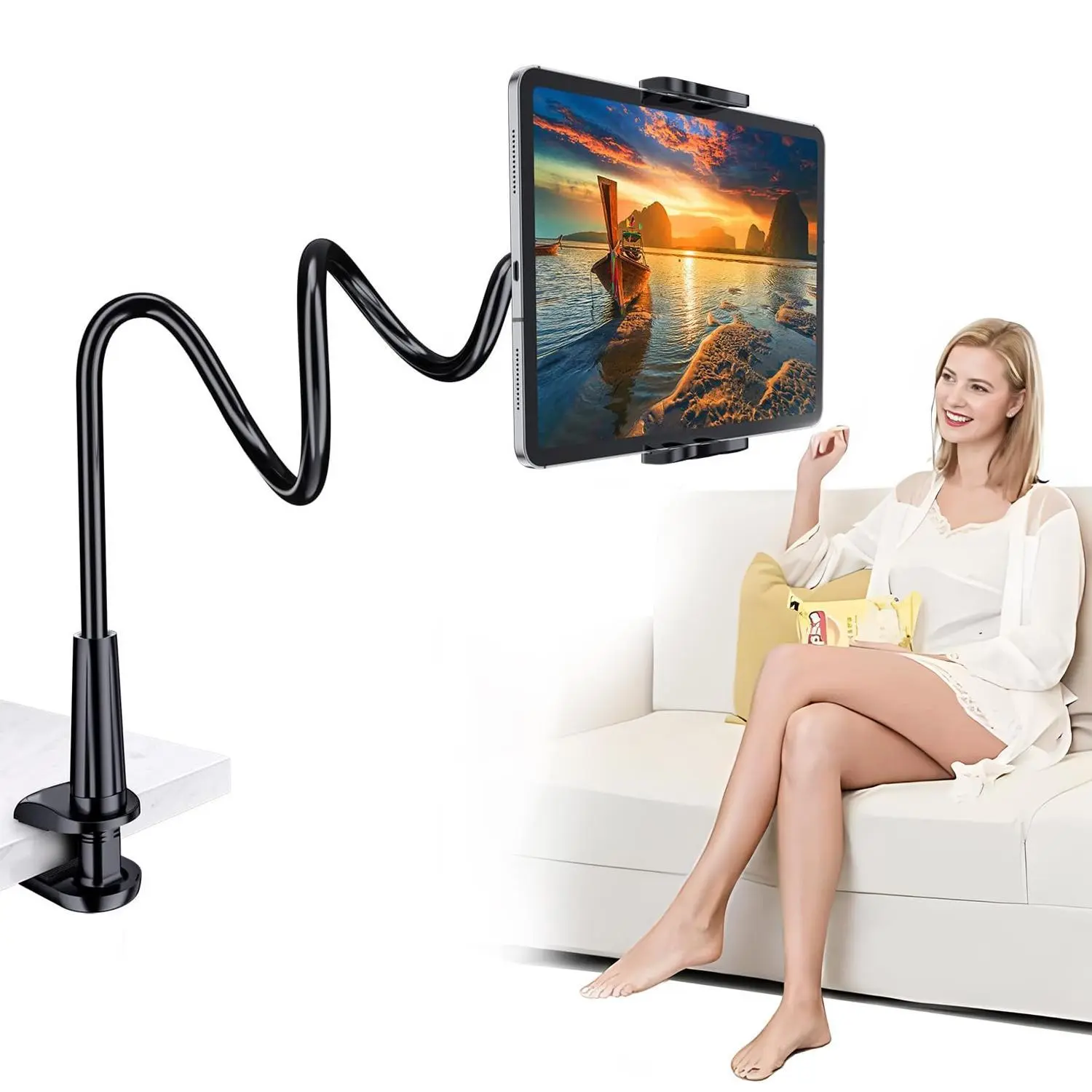 Aluminium Flexible Gooseneck Long Arm Phone Holder Stand - Portable Phone Mount with Reinforced Bolt Clamp Base, Universal for iPhone, iPad, Samsung, Individual Pack Home Organizer Storage Accessory for Bed, Desktop