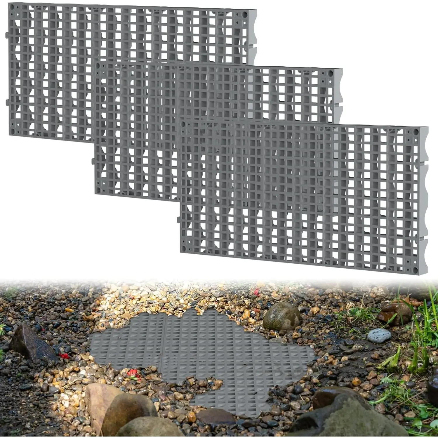 Gray 3-Pack 24x12 in Heavy Duty Rectangular Fountain Basin Grate, Snap-Together Design, Hide Reservoir Grid for Pondless Waterfall, Hides Rocks, Indoor Outdoor Pond Water Garden Fountains