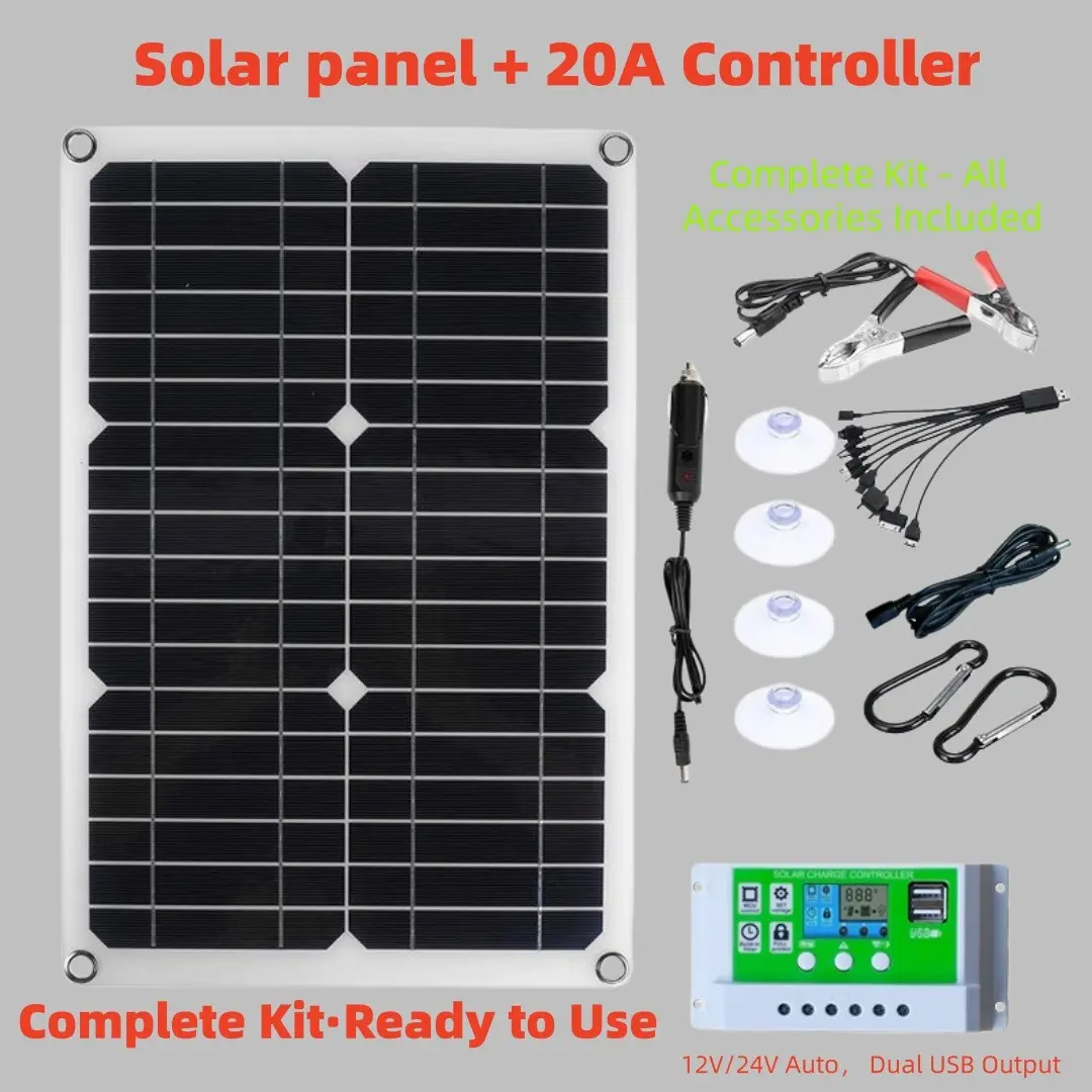 1PC.20W 12V Monocrystalline Solar Panel Kit with 20A PWM Charge Controller Dual USB 12V/24V Auto Solar Charger for RV Car Boat Camping Battery Charging Complete Accessories Set#SolarPanel #SolarPower #OffGridPower #CampingGear #RVLife #SolarCharger